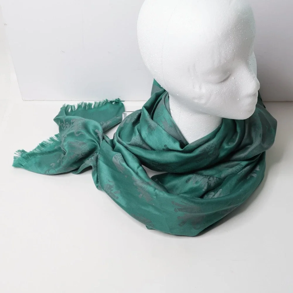 100% Silk Elephant Print Scarf Teal Green Fringed Long Wrap Shawl 70x27